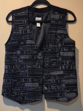 Chico's Vintage Black and Silver Embroidered Geometric Button-up Vest